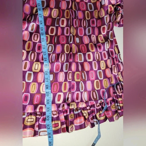 100% Silk dress retro psychedelic colorful ruffle trim romantic Geometric Sz 10 - Picture 7 of 8